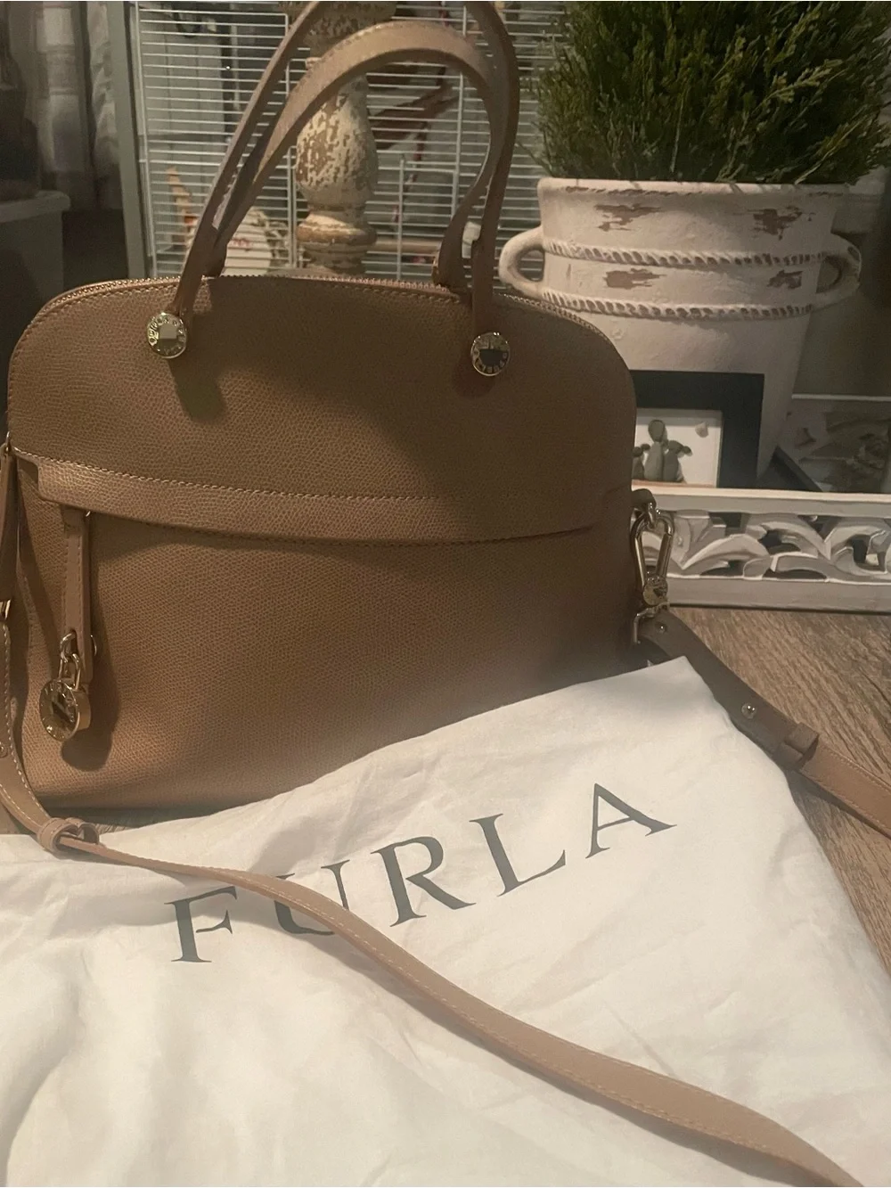 Furla Camel Tan Dome Satchel with Detachable Strap